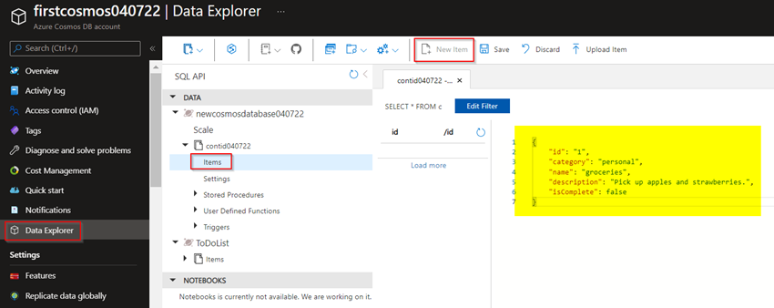 Creating Azure Cosmos DB resources from the Azure portal